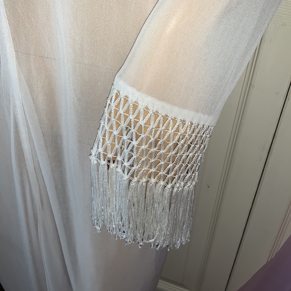 Y2K White sheer flapper fringe sexy maxi duster cardigan club coat jacket S - Picture 3 of 14